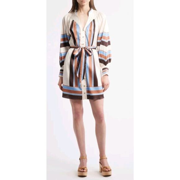 Ciebon Dresses & Skirts - CIEBON Satin belted mini shirt dress Size XS Long Bishop Puff Sleeves Button Up